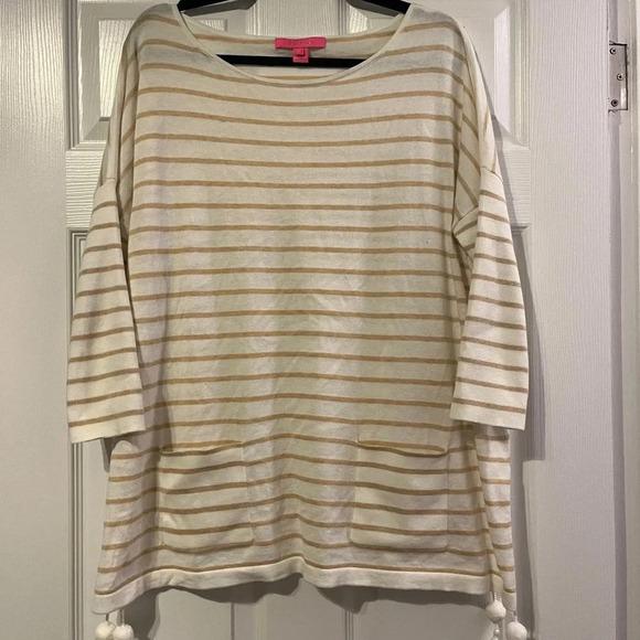 Lilly Pulitzer Striped Elba CoolMax Sweater Tassel Poncho Beige Heather Sz M - Picture 2 of 2